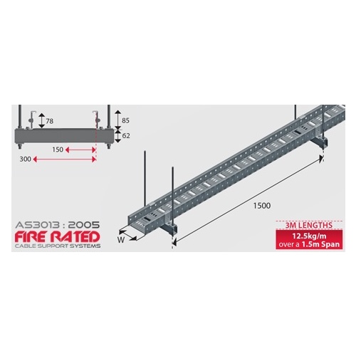 Fire Rated Cable Tray - 300mm x 78mm x3mL- 12.5kg/m