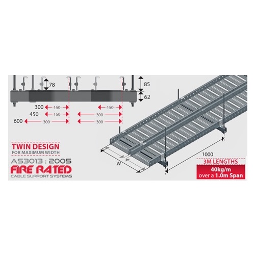 Fire Rated Cable Tray - 300mm x 78mm x3mL- 40kg/m